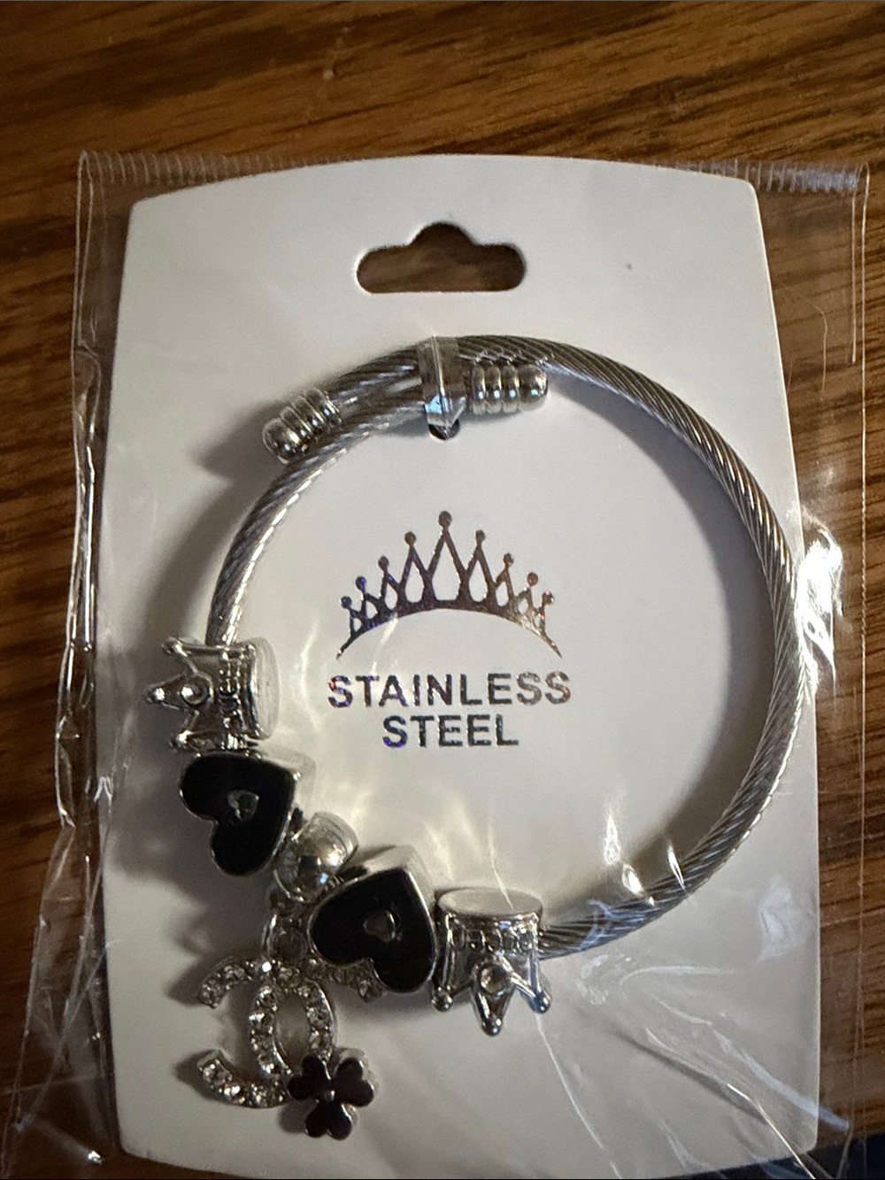 Stainless Steel Black Heart Charm Bracelet with Crown Accents